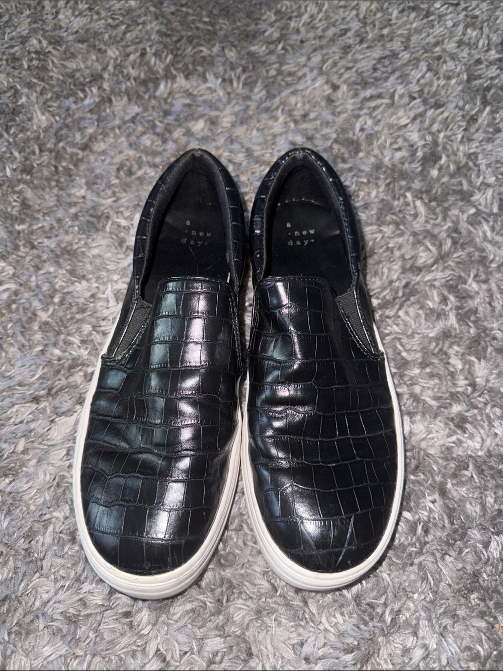 a new day Black Croc-Embossed Slip-On Loafers with White Trim